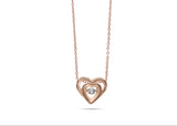 Womens Sterling Silver 925 Dancing Diamond Double Hearts Necklace in Rose Gold
