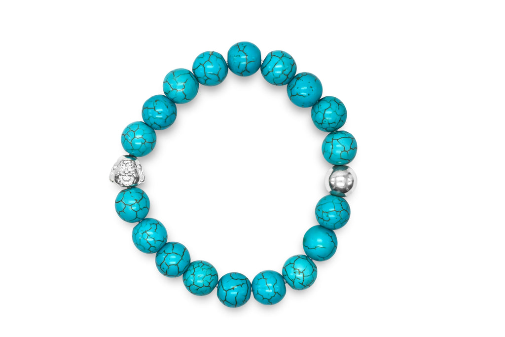 Unisex Sterling Silver & Turquoise Buddha Mala/Yoga Bracelet - Medi Safe by Arabesques Jewels