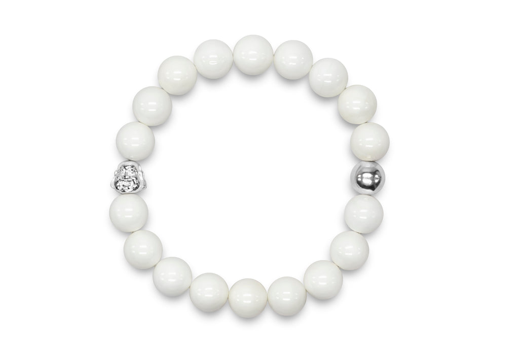 Unisex Sterling Silver & White Jade Buddha Mala/Yoga Bracelet - Medi Safe by Arabesques Jewels