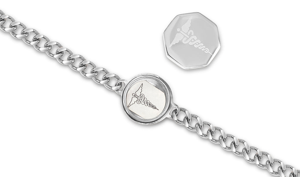 MediSafe by Arabesques. SOS Bracelet. Reversible Caduceus Talisman. Stainless Steel. Silver - Medi Safe by Arabesques Jewels