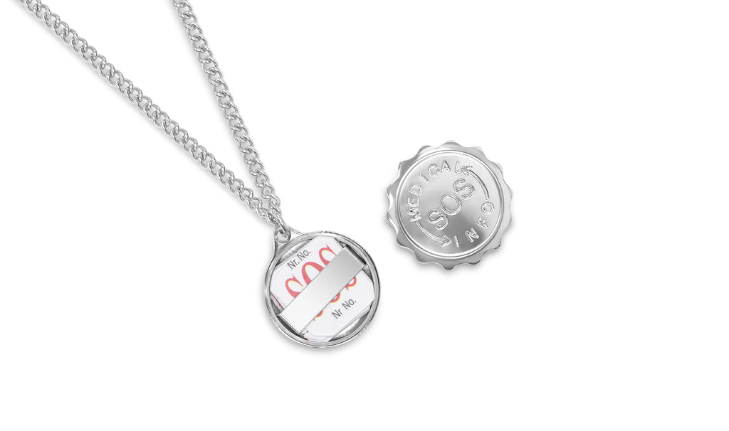 MediSafe by Arabesques Jewels. Stainless Steel SOS Talisman Necklace in Silver - Medi Safe by Arabesques Jewels
