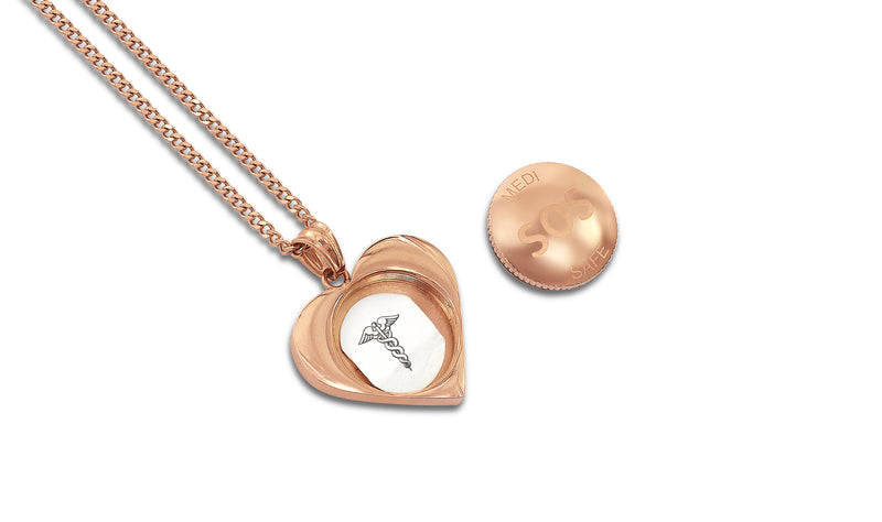 MediSafe by Arabesques. Ladies Heart Stainless Steel SOS Talisman Necklace in Rose Gold - Medi Safe by Arabesques Jewels 