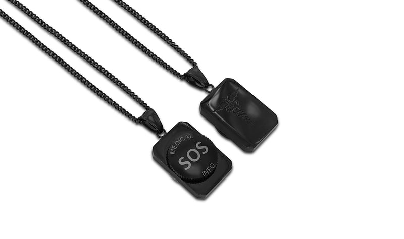 MediSafe by Arabesques. Chunky Mens Stainless Steel SOS Talisman Necklace in Black - Medi Safe by Arabesques Jewels 
