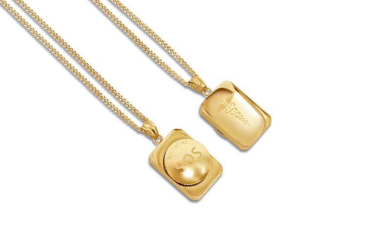 MediSafe by Arabesques. Chunky Mens Stainless Steel SOS Talisman Necklace in Gold - Medi Safe by Arabesques Jewels 