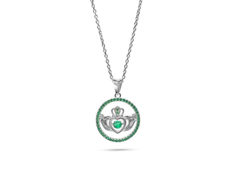 Womens Sterling Silver 925 Dancing Diamond Emerald Claddagh Crown Necklace - Medi Safe by Arabesques Jewels 