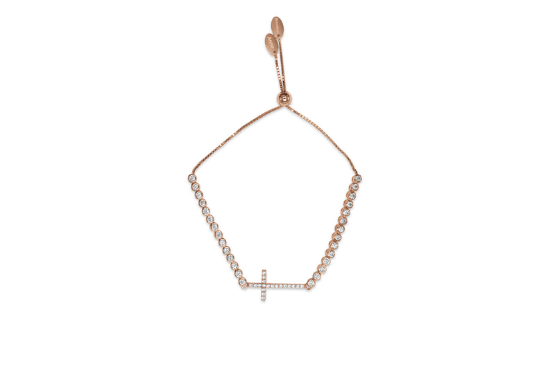 Womens Sterling Silver & CZ Sideways Cross Bracelet in Rose Gold - Medi Safe by Arabesques Jewels 