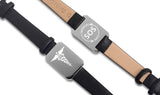 MediSafe by Arabesques. Ladies Silver Stainless Steel SOS Talisman Bracelet with black leather strap