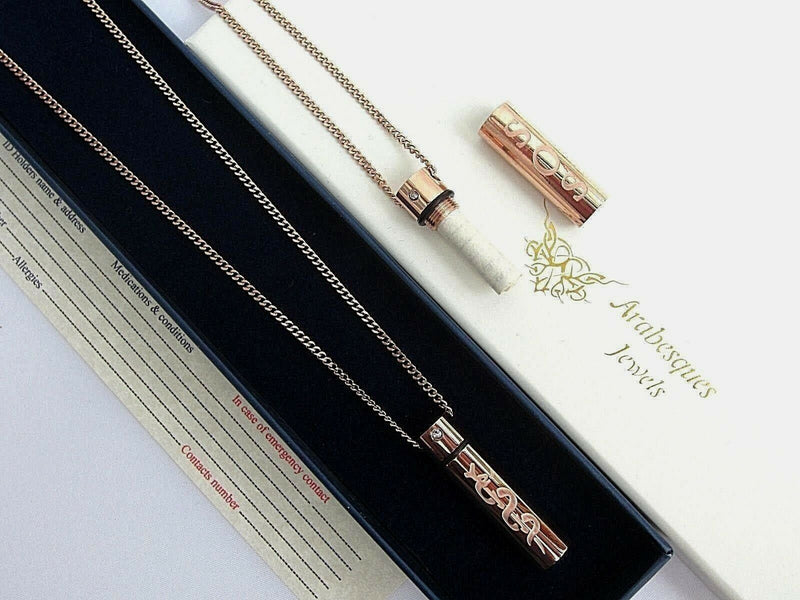 SOS TUBE NECKLACE/PENDANT MEDICAL ALERT/INFORMATION/STAINLESS STEEL TALISMAN ROSE GOLD - Medi Safe by Arabesques Jewels 